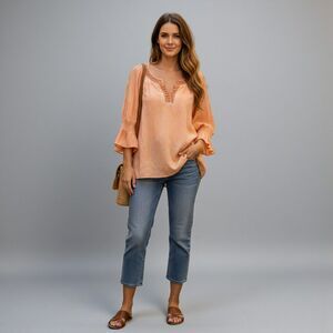 Spense Sweet Citrus Boho Crochet Split-Neck Top XL